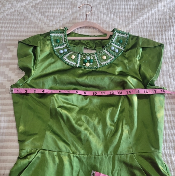BCBG Max Azria jewel neck silk party cocktail green mini dress NYE 10 Medium - Picture 3 of 16